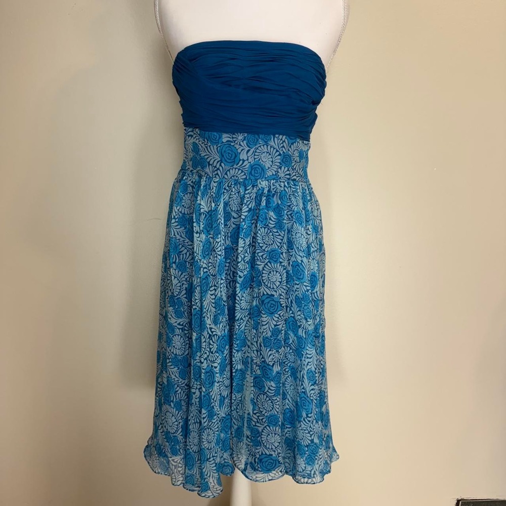 Mix It Silk Strapless Blue Floral Dress Womens 4 Y2k Retro Whimsical
